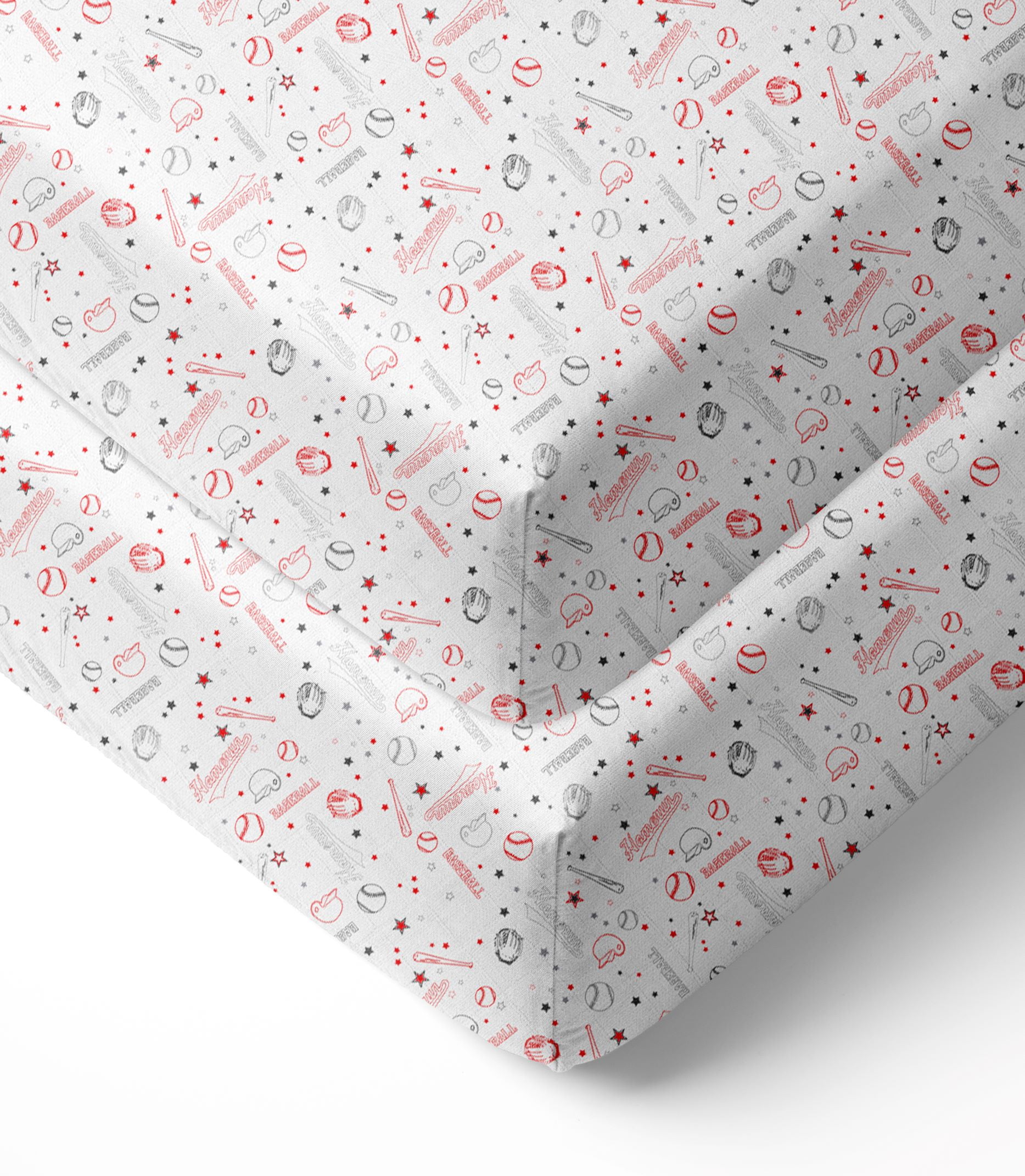 Bacati - Sports Crib/Toddler Bed Fitted Sheets 100% Cotton Muslin 2 Pack, Baseball Red/Grey
