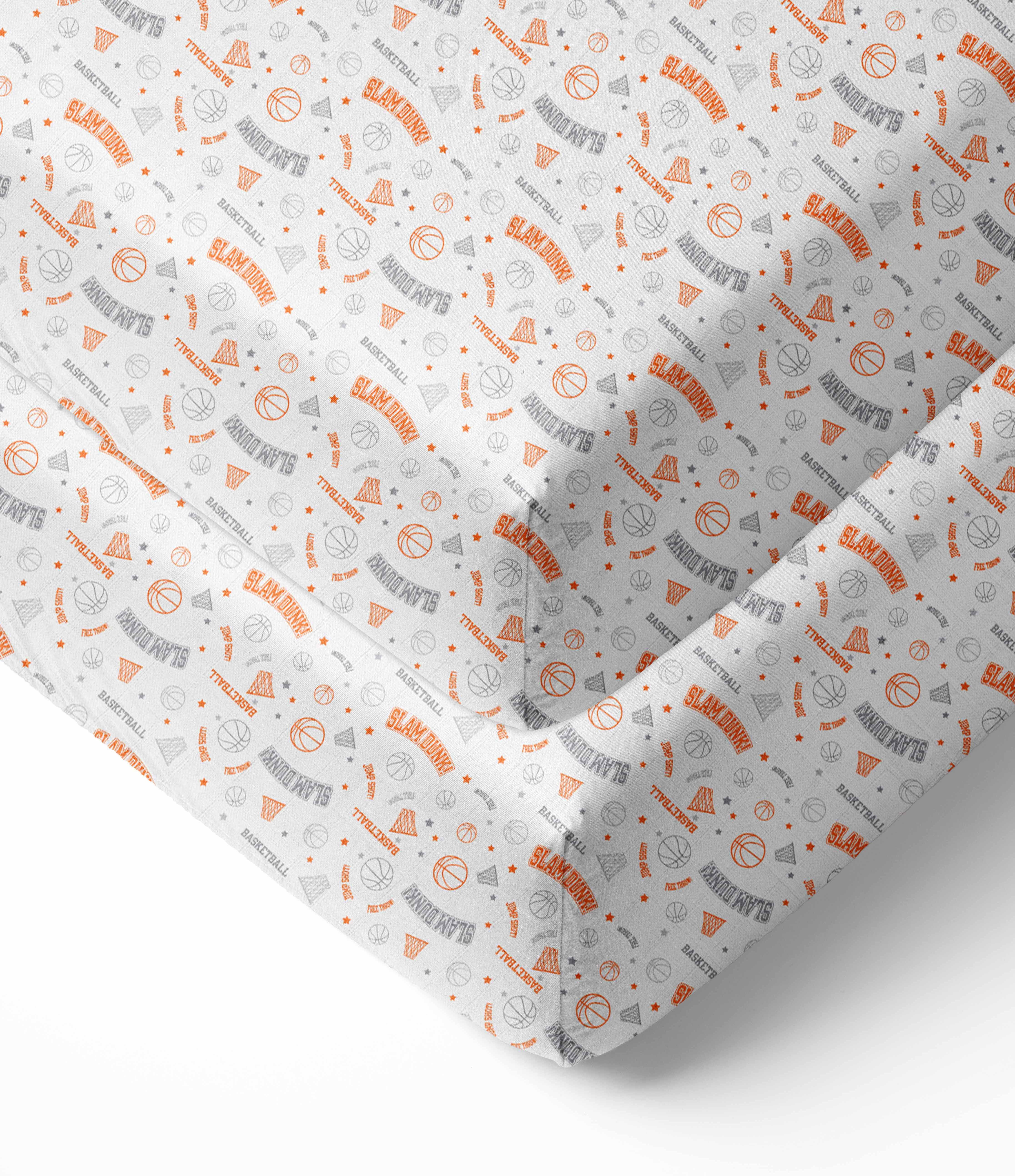 Bacati - Sports Crib/Toddler Bed Fitted Sheets 100% Cotton Muslin 2 Pack, Basketball Orange/Grey