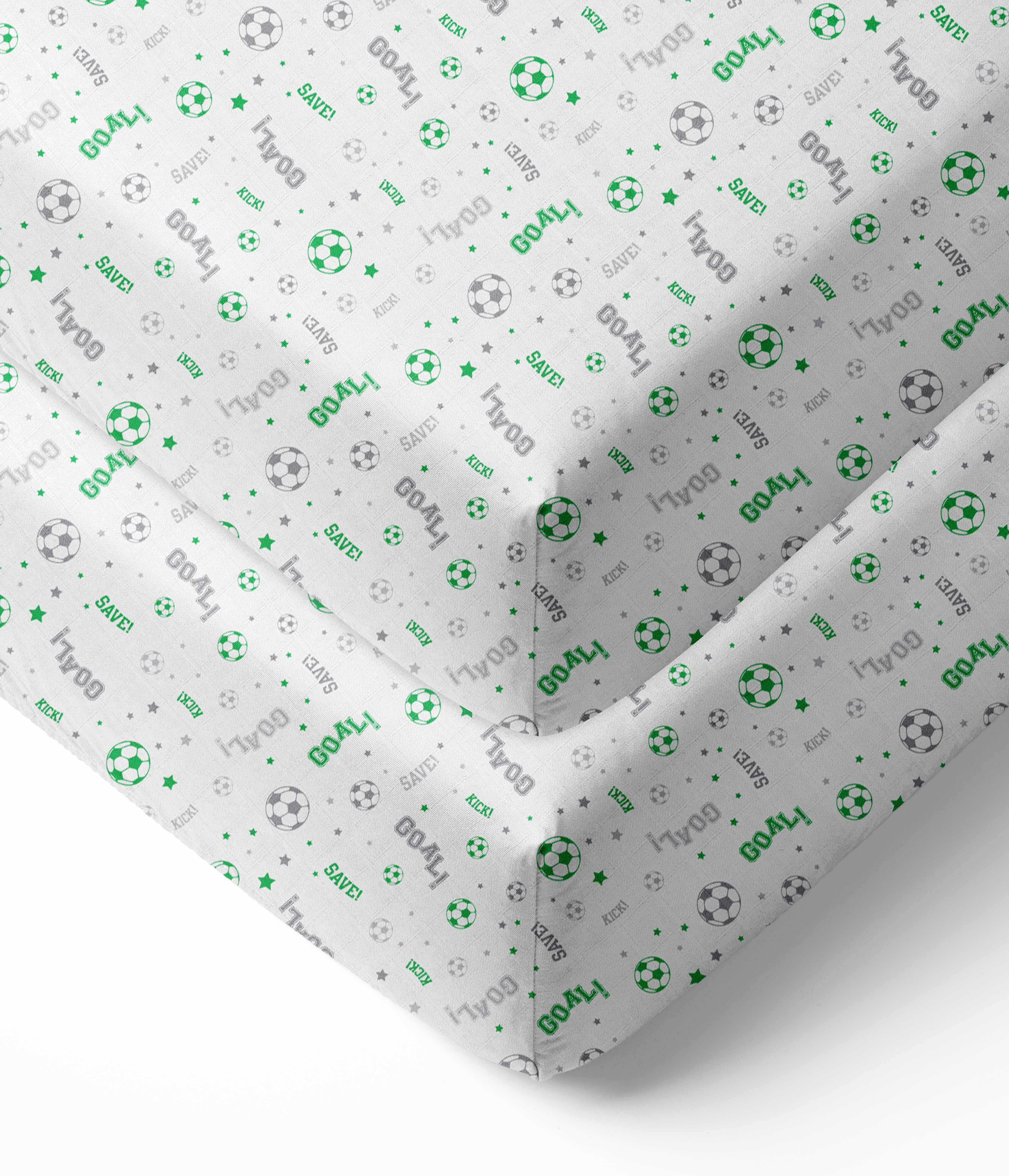 Bacati - Sports Crib/Toddler Bed Fitted Sheets 100% Cotton Muslin 2 Pack, Soccer Green/Grey