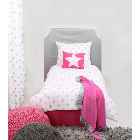 Bacati - Stars 100% Cotton Muslin Muslin 4-Piece Toddler Bedding Set, Pink