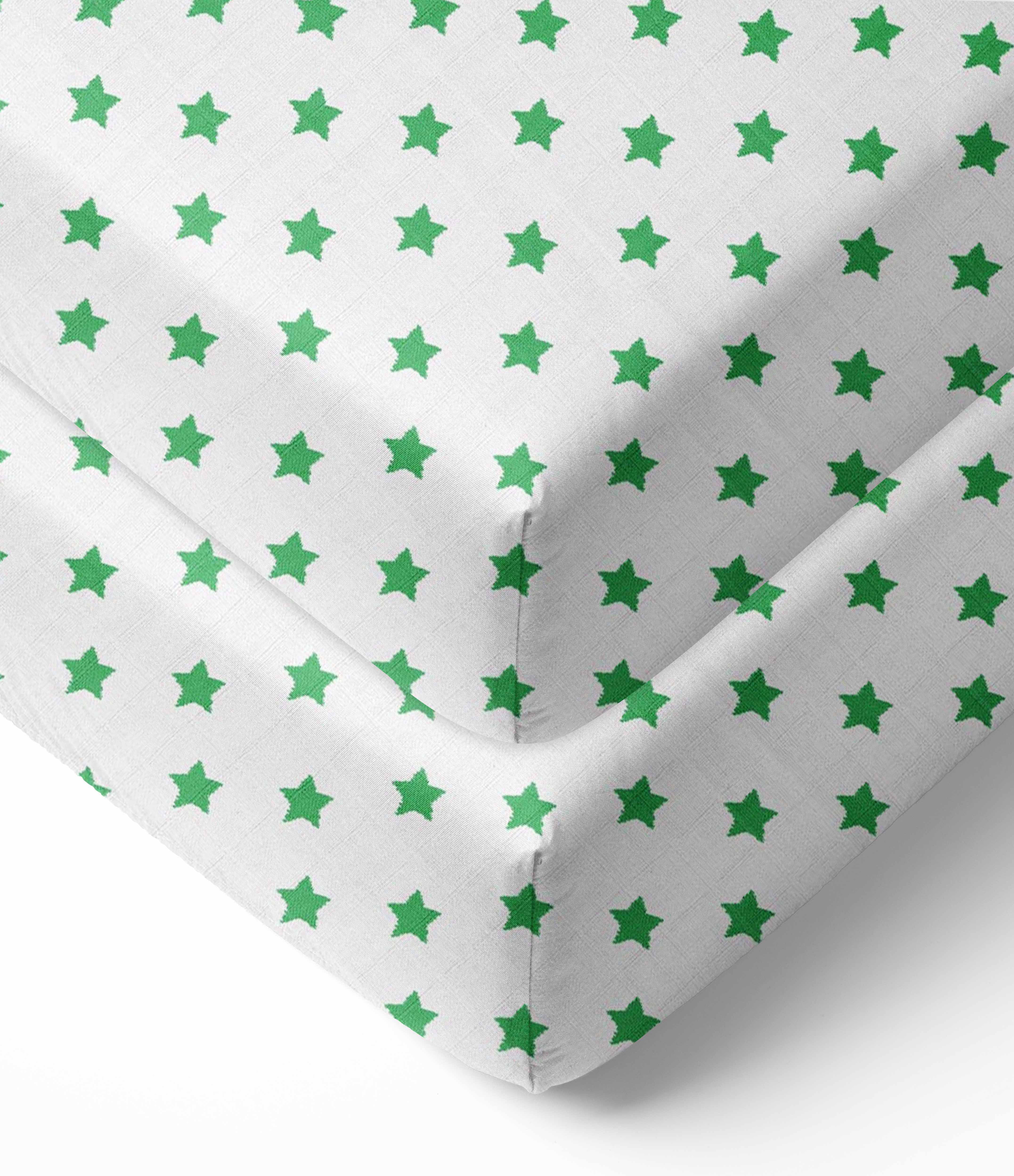 Bacati - Stars Crib/Toddler Bed Fitted Sheets 100% Cotton Muslin 2 Pack, Green