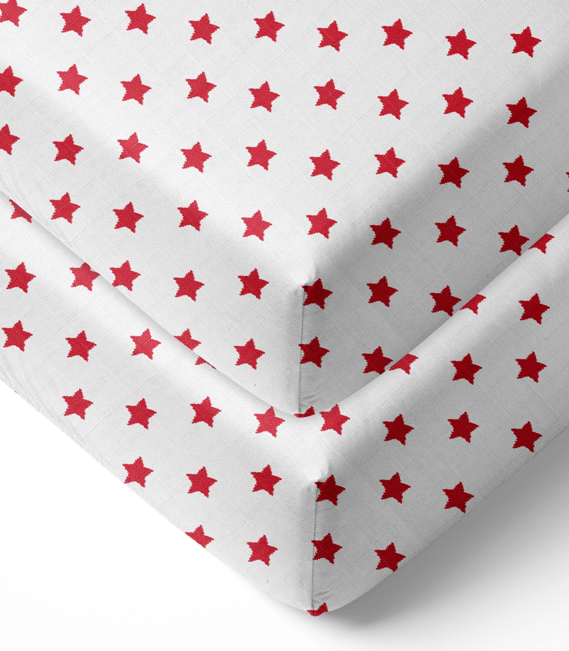 Bacati - Stars Ikat Crib/Toddler Bed Fitted Sheets 100% Cotton Muslin 2 Pack, Red