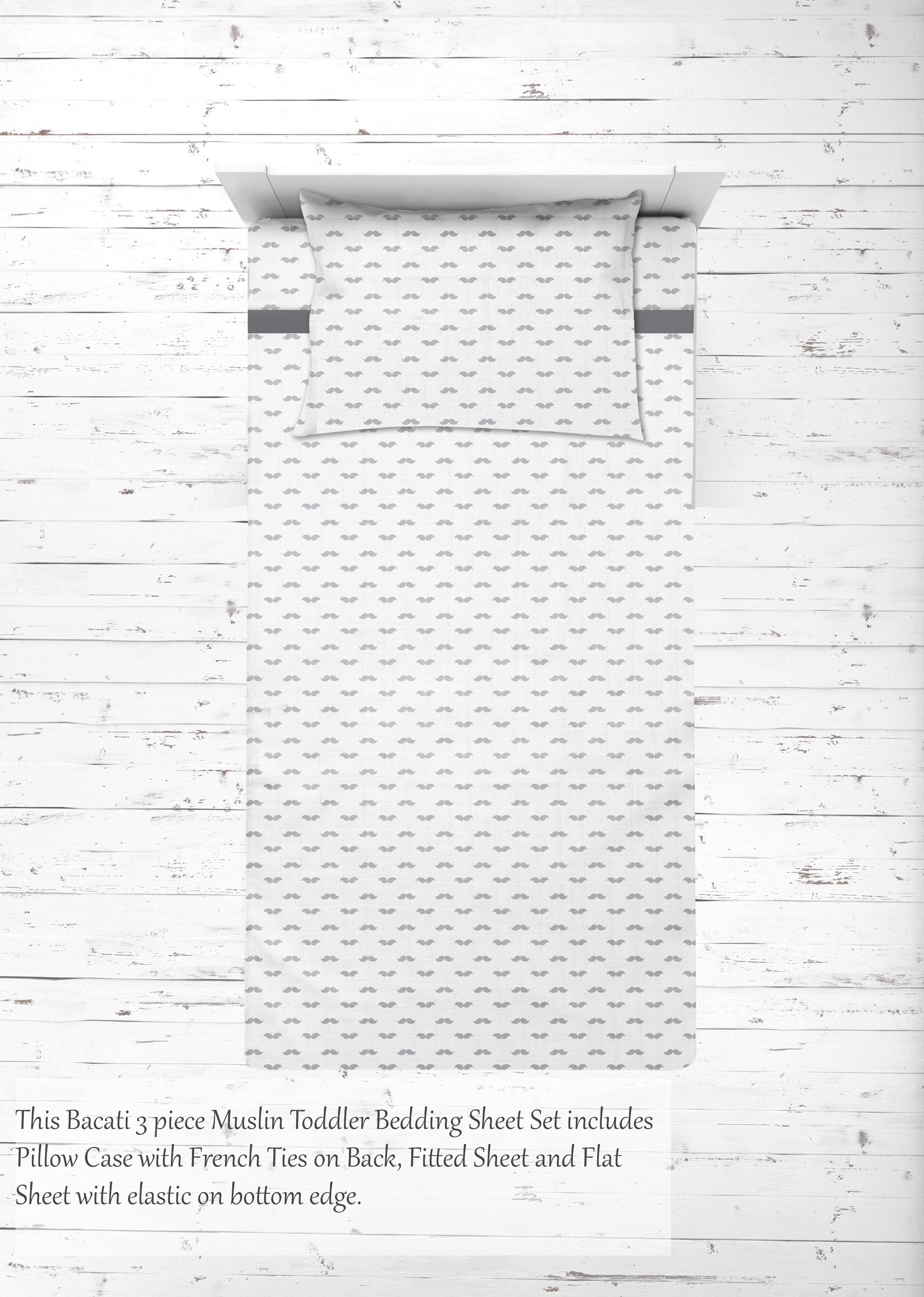 Bacati - Toddler Bedding/Sheet Set 100% Cotton Muslin, Love Hearts Grey