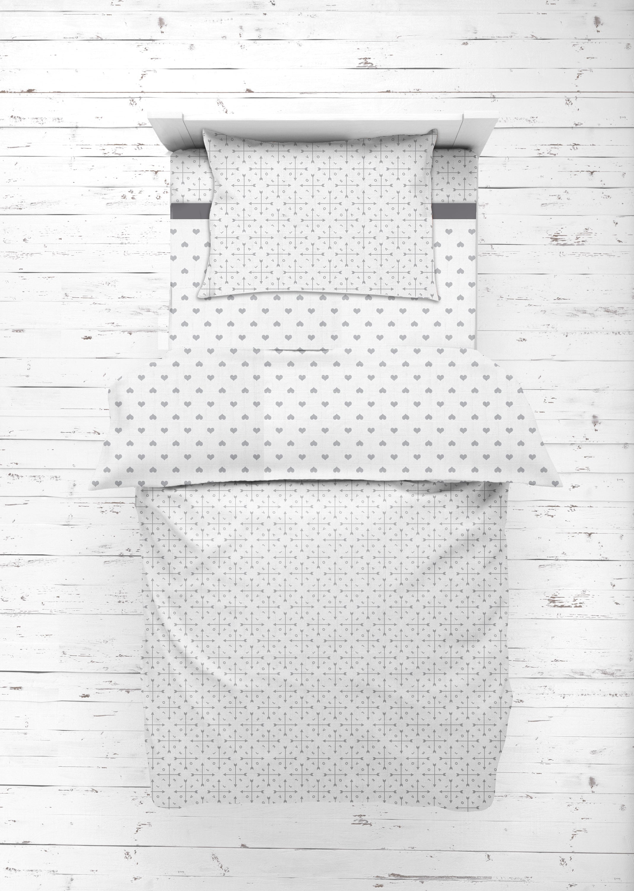 Bacati - Toddler Bedding/Sheet Set 100% Cotton Muslin, Love Hearts Grey