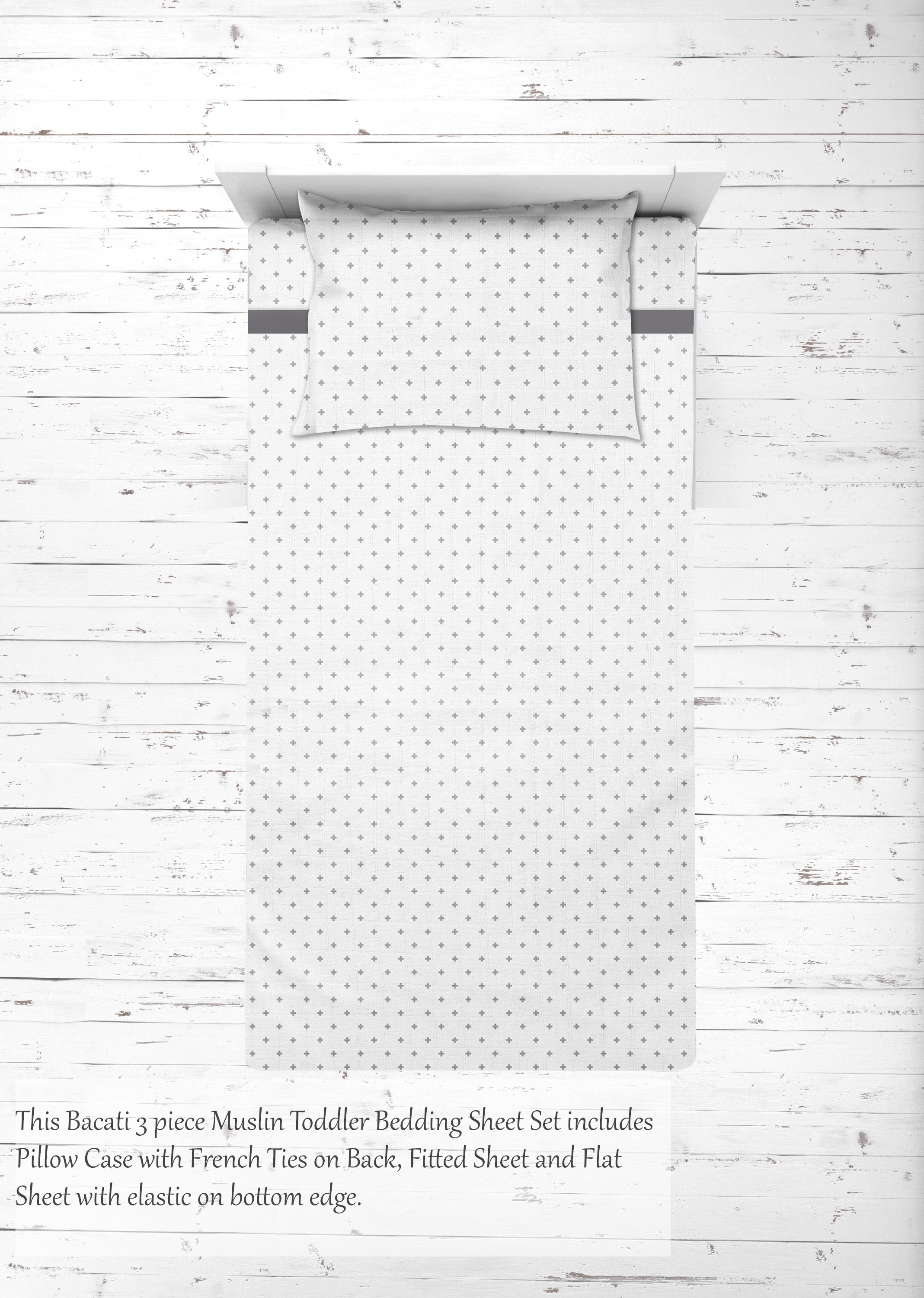Bacati - Toddler Bedding/Sheet Set 100% Cotton Muslin, Love Hearts Grey
