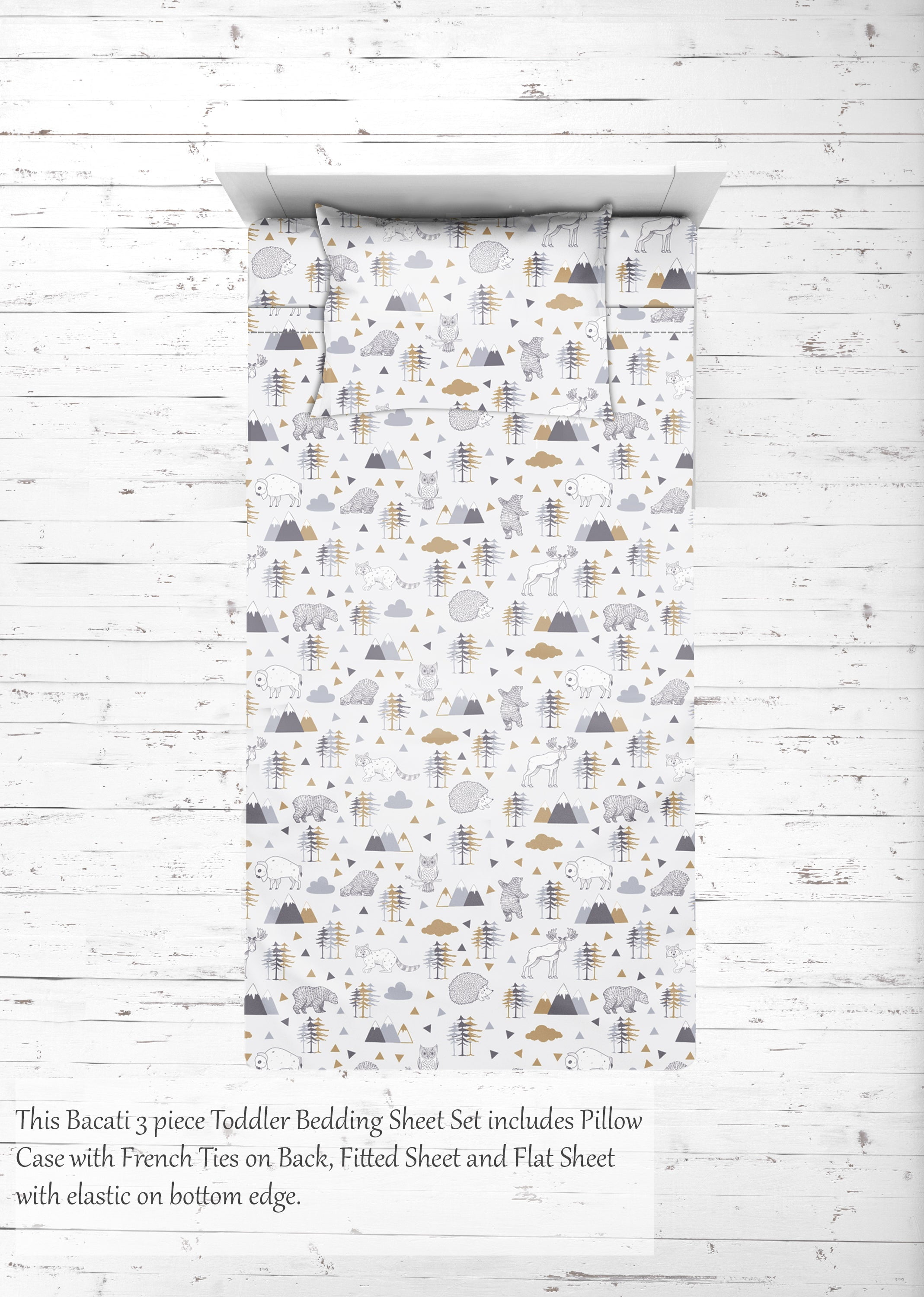 Bacati - Toddler Bedding/Sheet Set 100% Cotton Percale, Woodlands Beige/Grey