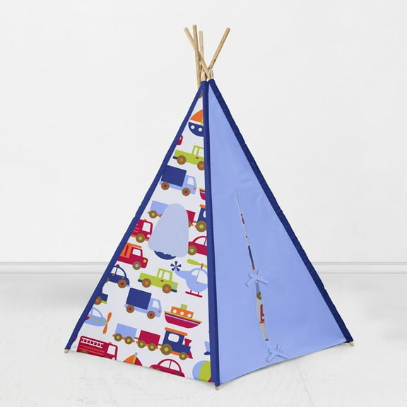 Bacati Transportation, Blue/Navy/Orange/Red/Green Teepee Tent for Kids/Toddlers, 100% Cotton Breathable Percale Fabric Cover