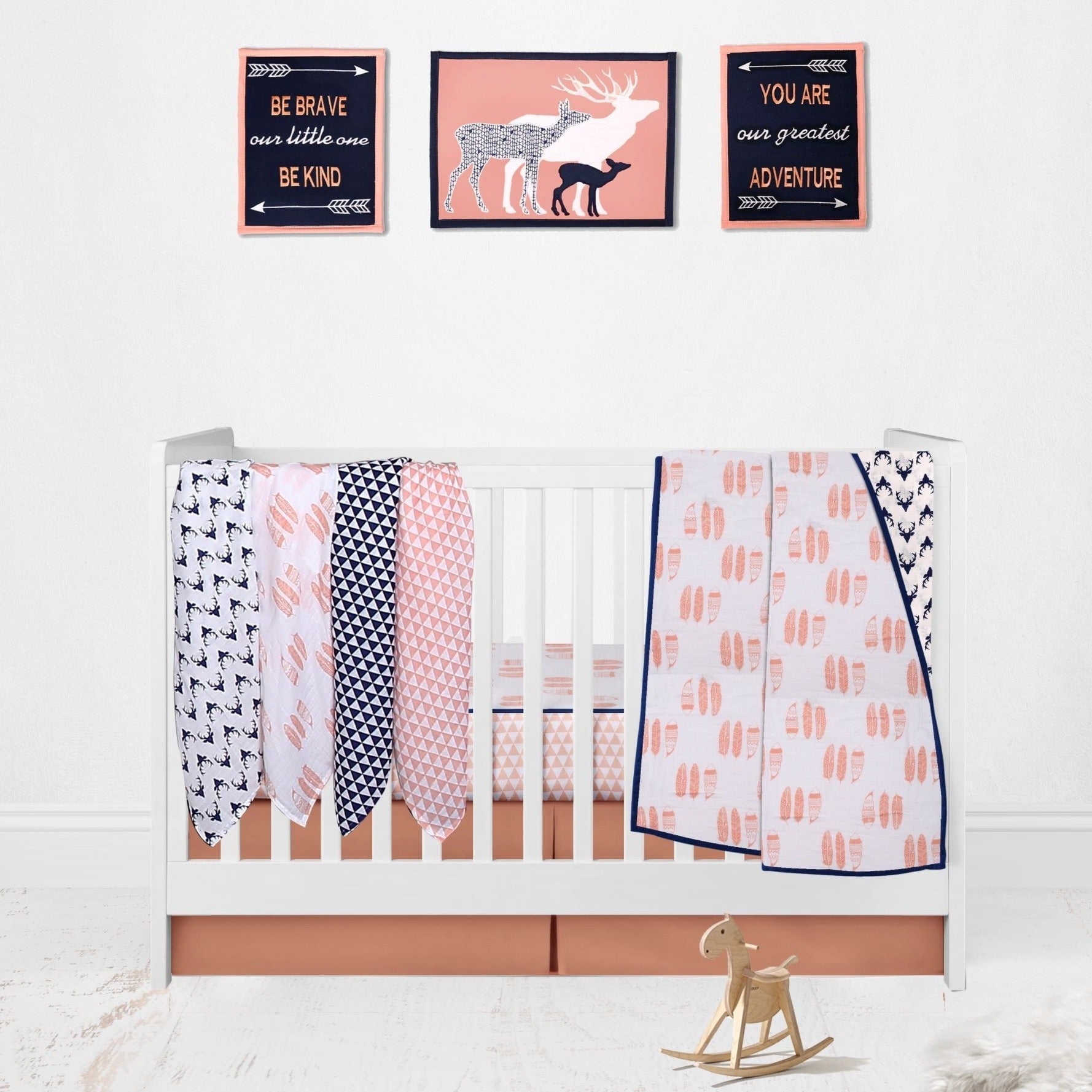 Bacati - Tribal Coral/Navy Feathers/Buck/Triangles Muslin Girls Crib Bedding Set