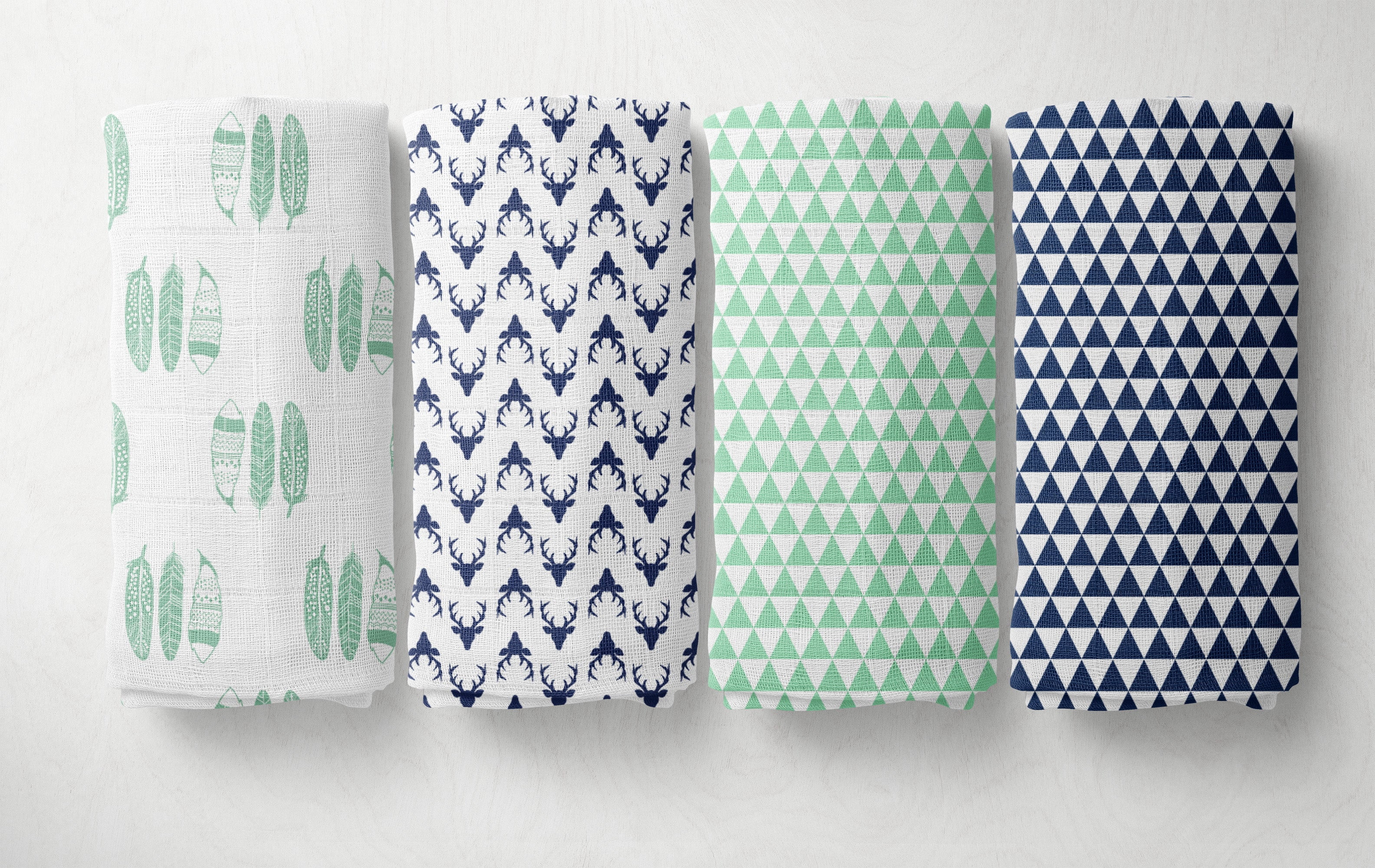 Bacati - Tribal Mint/Navy Feathers Buck Triangles Muslin Boys Crib Bedding Set