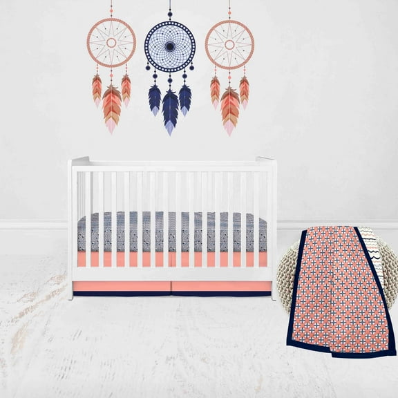 Bacati - Tribal Olivia 3-Piece Crib Bedding Set - Coral/Navy Girls