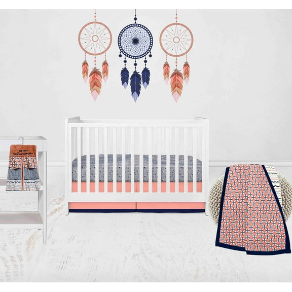 Bacati - Tribal Olivia 4-Piece Crib Bedding Set with Diaper Stacker - Coral/Navy Girls