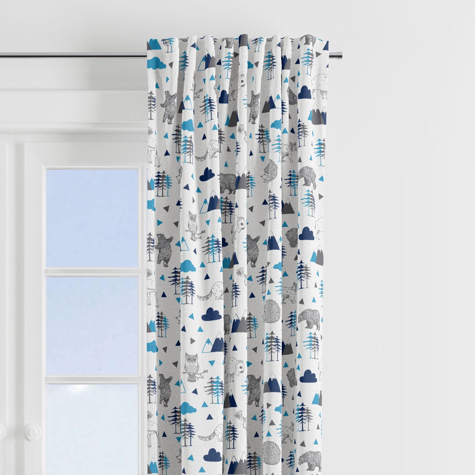 Aqua and Navy Cotton Light-Filtering Rod Pocket Curtain Panel