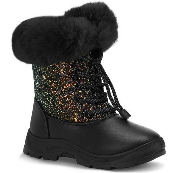 Bacca Girls Anti-Slip Snow Boots Black Glitter Warm Faux Fur-Lined Winter Boots 13M