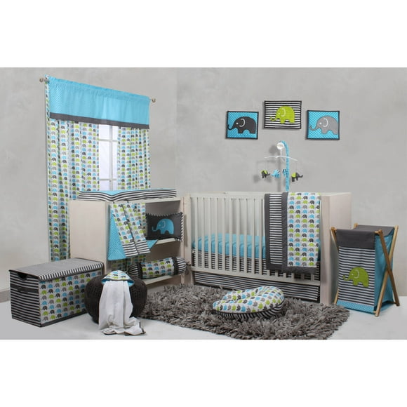 Baccate Classic Striped Elephants Animal Percale 10 Pieces, With Comforter Sheet Crib Skirt