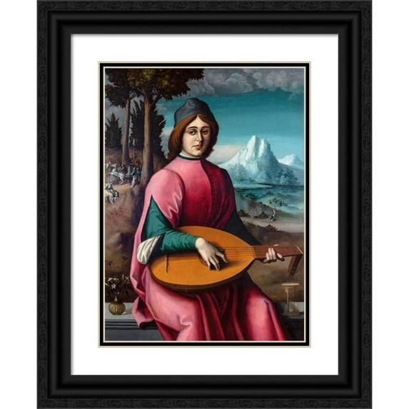 Bacchiacca 14x18 Black Ornate Wood Framed Double Matted Museum Art Print Titled - Portrait of a Young Lute Player (circa 1524-1525)