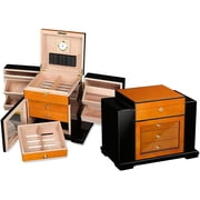 Baccus Desktop Cigar Humidor w/ Side Storage - High Gloss Two-Tone Finish - Capacity 200