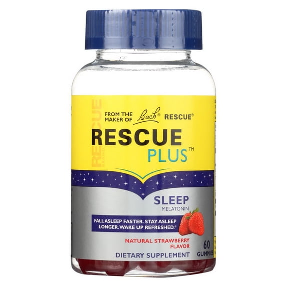 Bach RESCUE PLUS Melatonin Sleep Gummies, Natural Strawberry Flavor, Drug-Free Sleep Aid, Dietary Supplement, Vegan, Gluten-Free, No Artificial Flavors, Colors, Preservatives, 60 Count