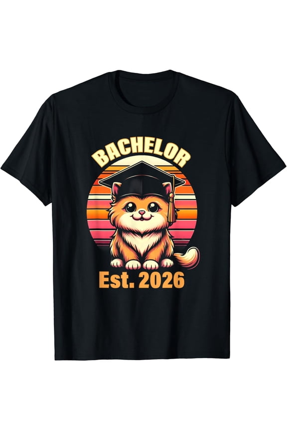 Bachelor 2026 Graduate College Uni Degree University Cat T-Shirt All Size S-5Xl
