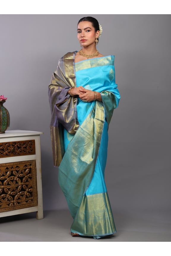 Bachelor-Blue Pure Silk Kanjivaram Handloom Saree with Zari woven Floral Bootis and Extra Wide Chevron Border from Bangalore