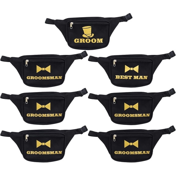 Bachelor Fanny Packs Set of 7 - Groom, Man, and 5 Groomsman Bags - Matching Party Favors for Bachelor Party, Wedding , Groomsmen Fun Stylish Accessory for Men