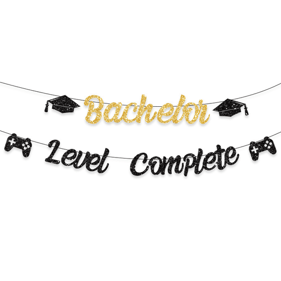 Bachelor Level Complete Glitter Banner, Gold and Black, Graduation and Gaming Theme, Party Decoration