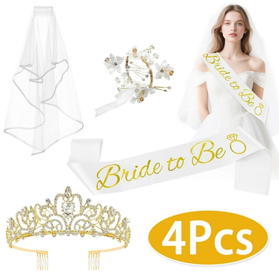 Bachelorette Bride Accessories Wedding Must Haves Bride Gifts for Bachelorette Party Favors Bridal Shower Crown, Bride to Be Sash&Veil Wrist Corsage Bridal Accessories 4Pcs Gold