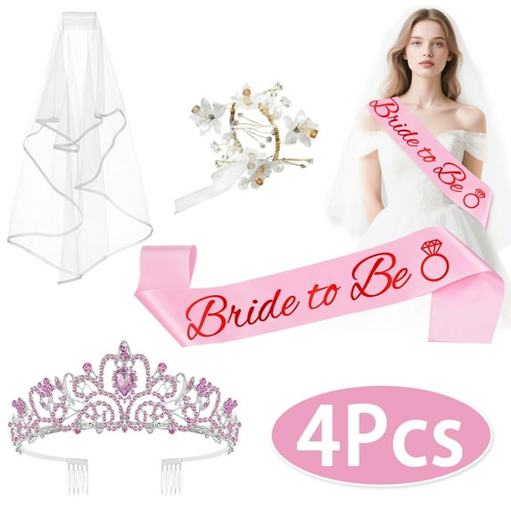 Bachelorette Bride Accessories Wedding Must Haves Bride Gifts for Bachelorette Party Favors Bridal Shower Crown, Bride to Be Sash&Veil Wrist Corsage Bridal Accessories 4Pcs Pink