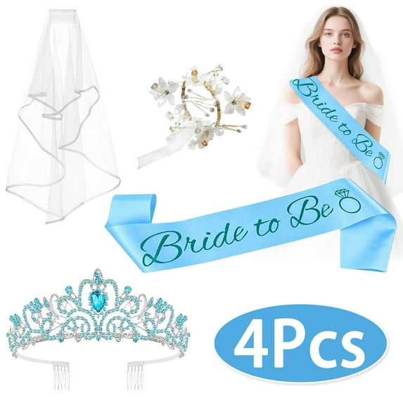 Bachelorette Bride Accessories Wedding Must Haves Bride Gifts for Bachelorette Party Favors Bridal Shower Crown, Bride to Be Sash&Veil Wrist Corsage Bridal Accessories 4Pcs Blue