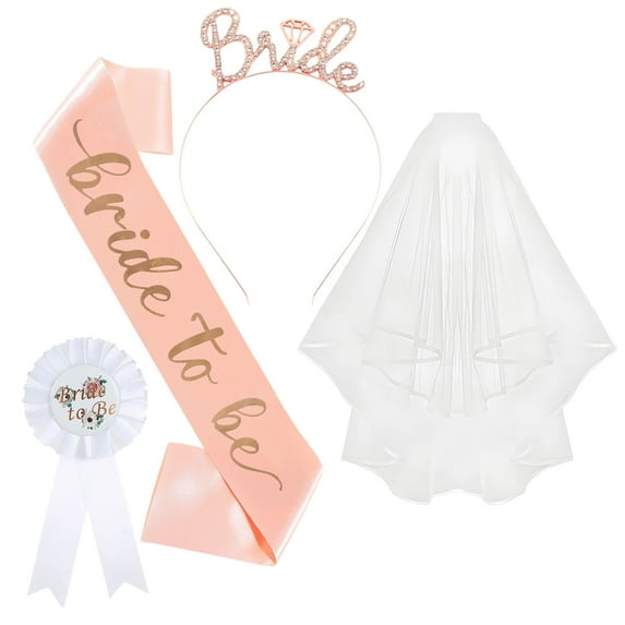 Bachelorette Party 4-Piece Set - Bridal Headband, Shoulder Straps, Veil & Badge Kit for Brides-to-Be, Elegant Last Night of Freedom Accessories (Rose Gold)