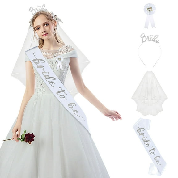 Bachelorette Party 4 Piece Set for Bride – Bridal Headband, Veil, Sash Straps and Badge for Hen Party, Bridal Shower and Last Fling Celebration