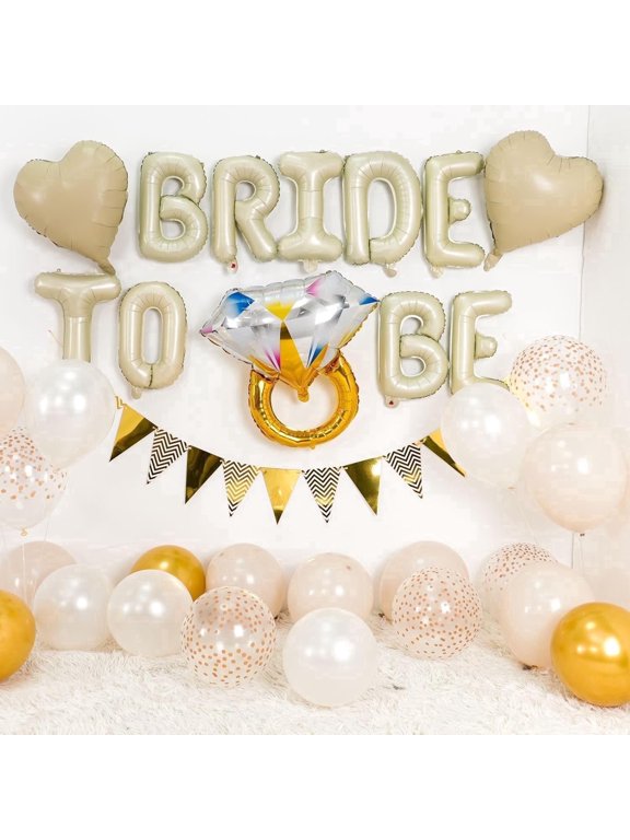 Bachelorette Party Balloon Decoration Set with Bride To Be Letter Balloons, Diamond Ring Heart and Gold Banner for Bridal Shower Engagement Wedding