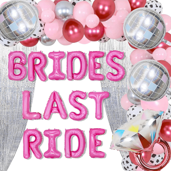 Bachelorette Party Decor Set - BRIDES LAST RIDE Pink and Silver Theme, 40-piece Set Including Metal Disco Ball