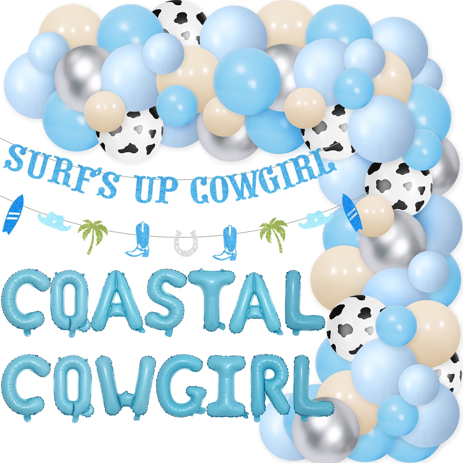 Bachelorette Party Decorations- Blue Silver Coastal Cowgirl Party Decorations, Surfs Up Cowgirl Banners, Coastal Cowgirl Foil Balloon Banner Blue Balloon Arch Kit for Bridal Shower Engagement Wedding