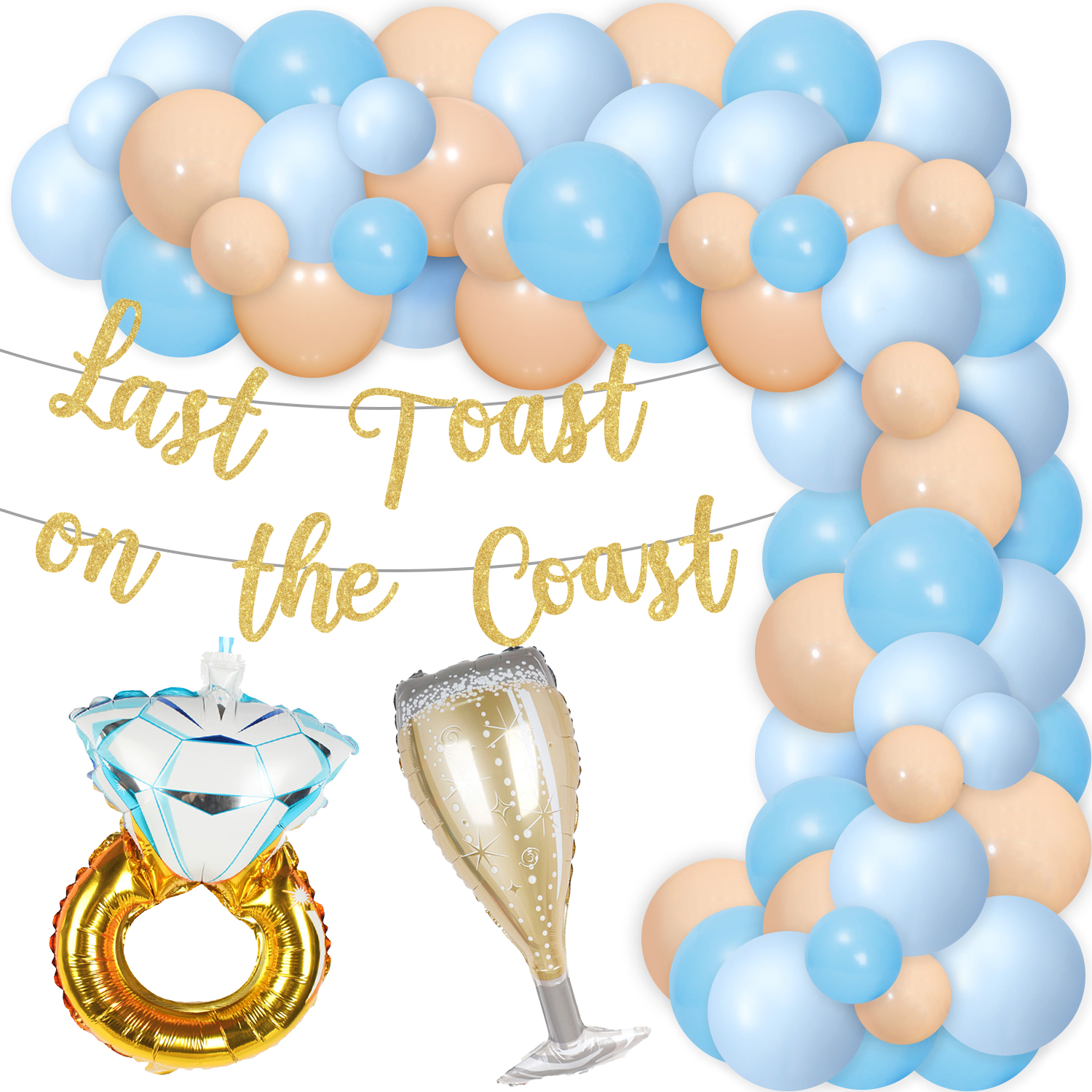 Bachelorette Party Decorations Glitter Gold Last Toast on The Coast Banner with Blue Apricot Balloon Garland Arch Kit, Ring and Champagne Foil Balloons for Hen Party Beach Wedding Engagement Decor