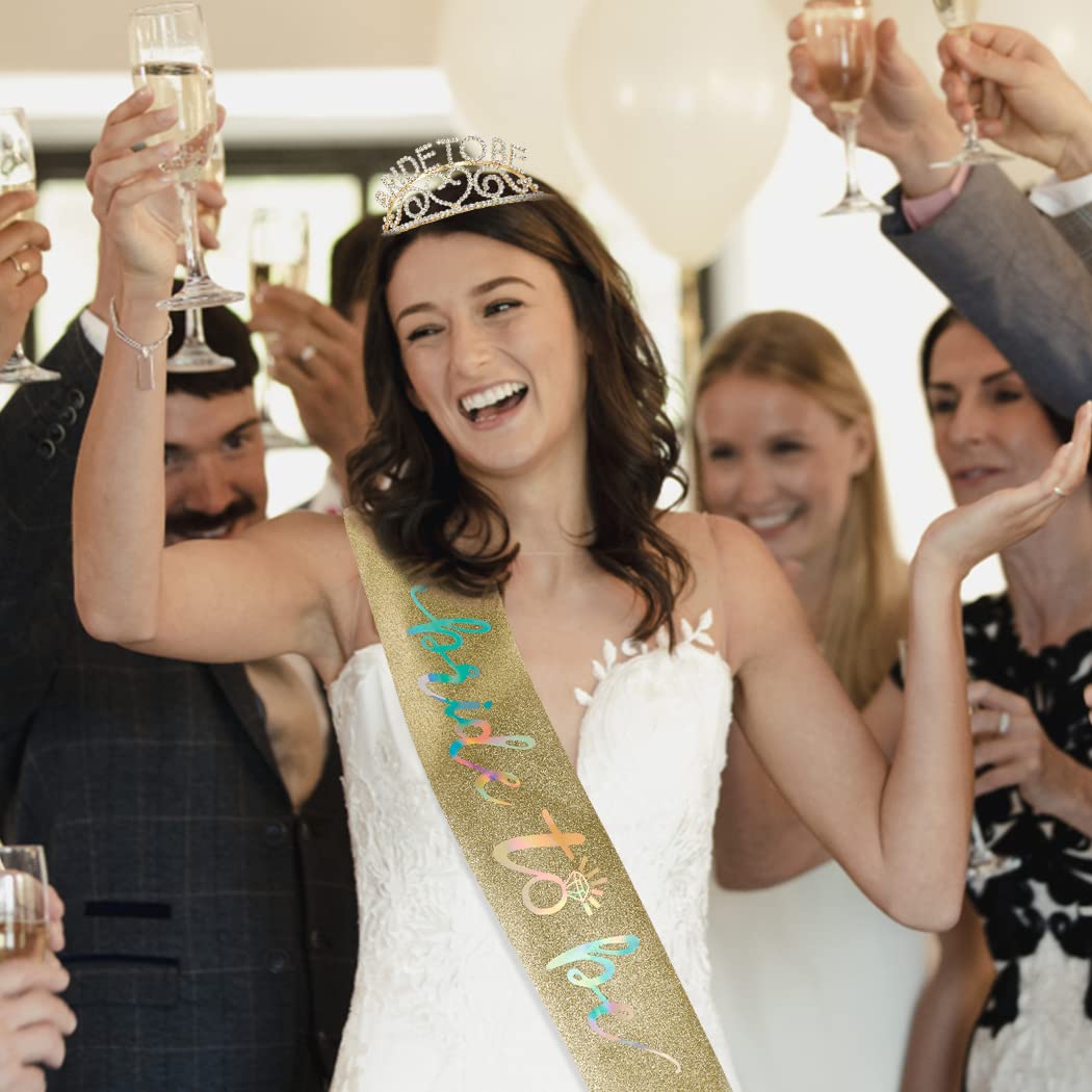 Bachelorette Party Decorations, Gold Crystal Crown and Bride To Be Sash