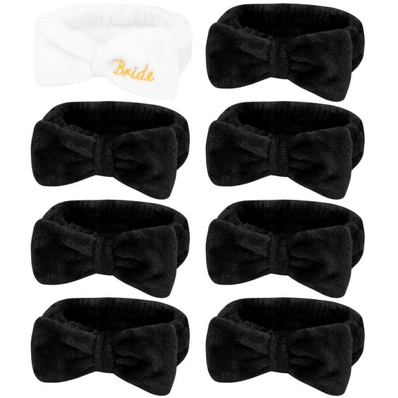 Bachelorette Party Favor Set Bride Spa Headband Bride Headband and Bridesmaid Headband Skincare Headbands for Women Cute Bow Head Bands Party Supplies (1 bride+ 7 black)