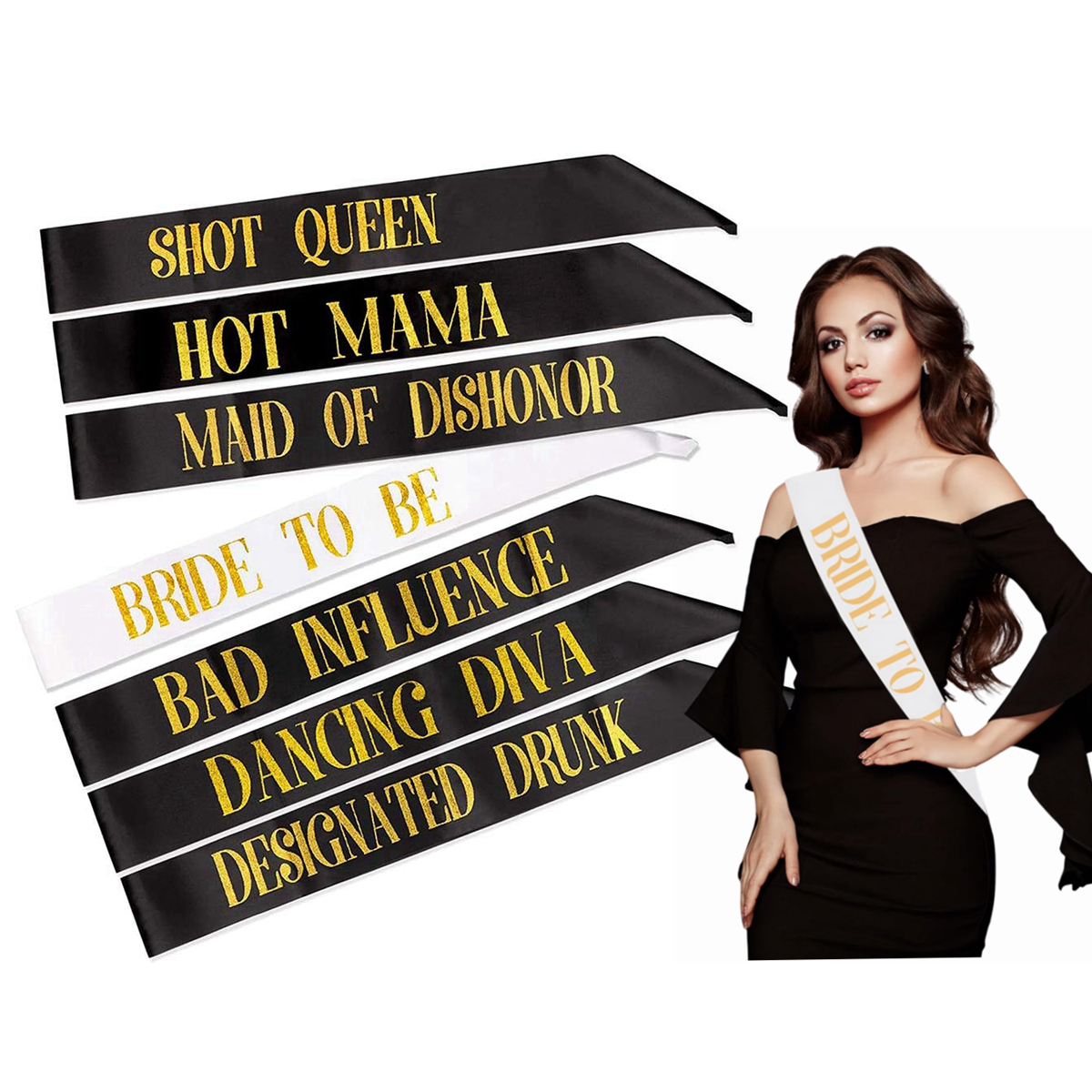 Bachelorette Party Sashes Set, 1 White Bride to Be Sash with 6 Black