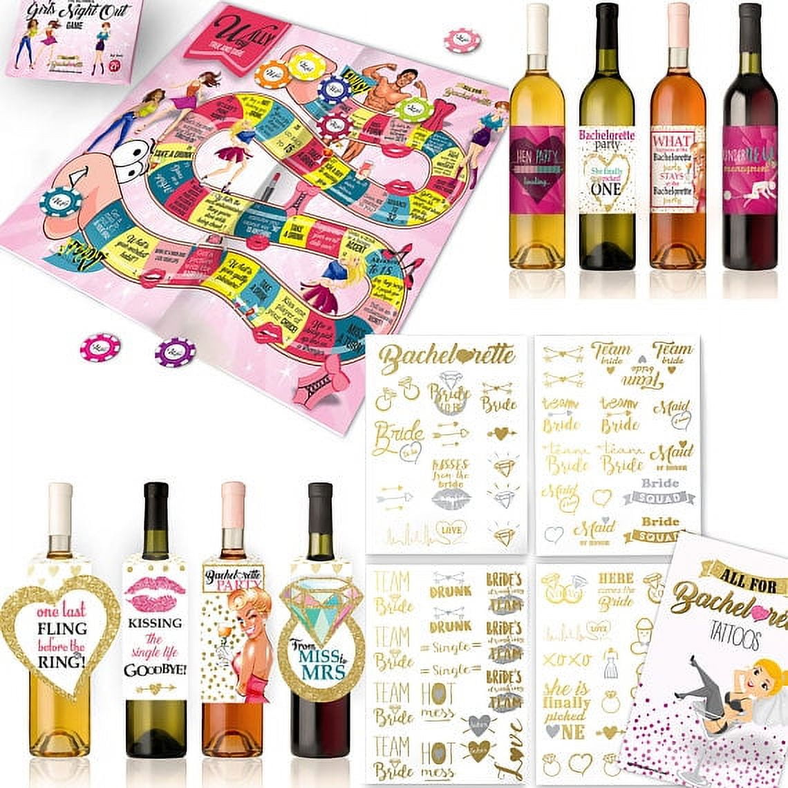 Bachelorette Party Supplies Kit; Party Tattoos + Girls Night Out Game + 4 Wine Bottle Labels + 4 Wine Hang Tags