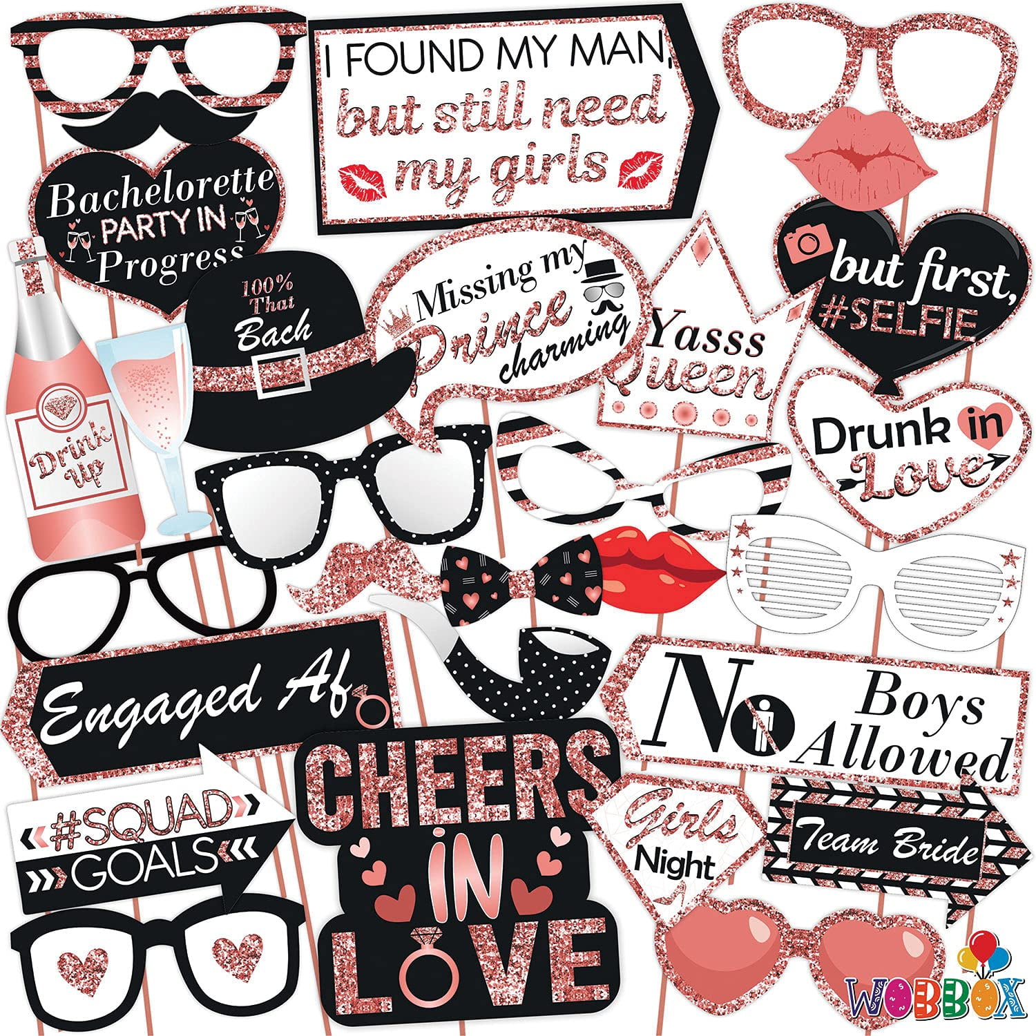 Bachelorette Photo Booth Props Black & Rose Gold, Bachelorette Party Props, Bachelorette Party Supplies