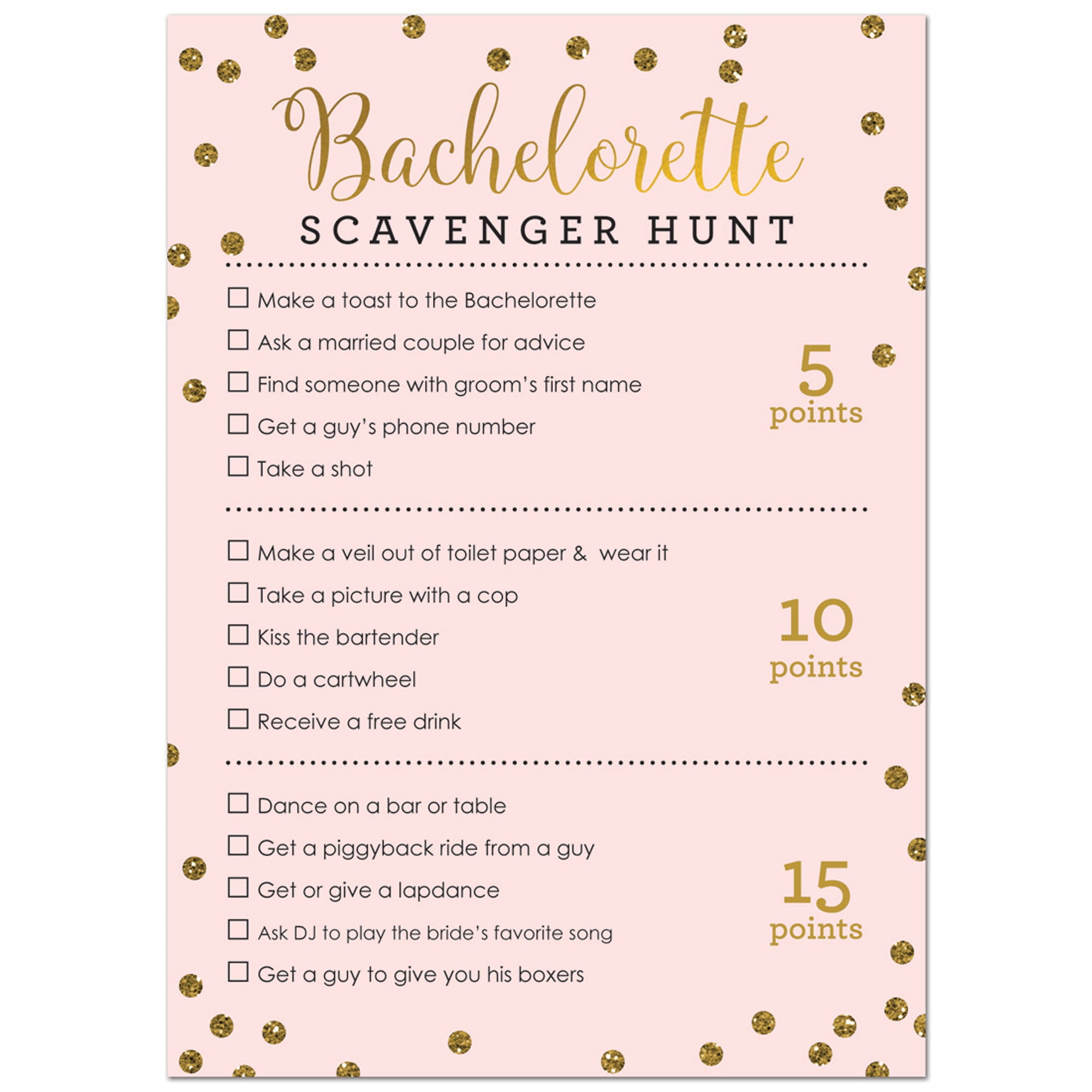 Bachelorette Scavenger Hunt Game Faux Gold Glitter On Pink 24 Cards