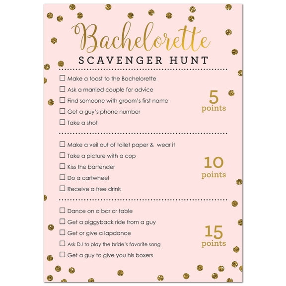 Bachelorette Scavenger Hunt Game - Faux Gold Glitter on Pink - 24 Cards