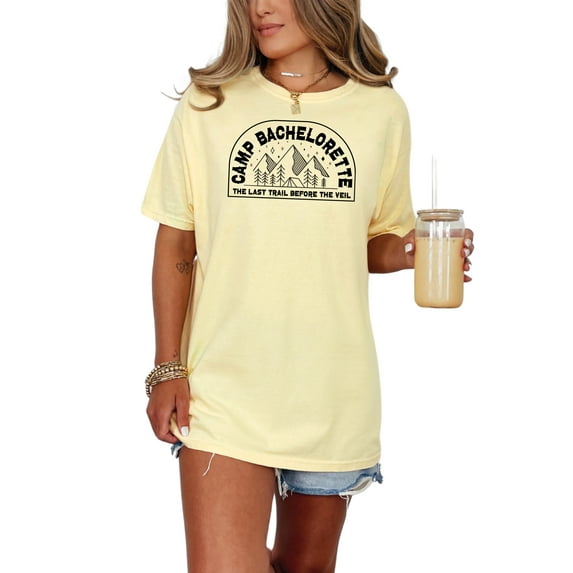 Bachelorette Themed T-Shirt, The Last Trail Before The Veil Tee, Funny Camping Bachelorette Party T-Shirt, Hiking Bridal Shower Shirt, Butter Comfort Colors T-Shirt, Medium