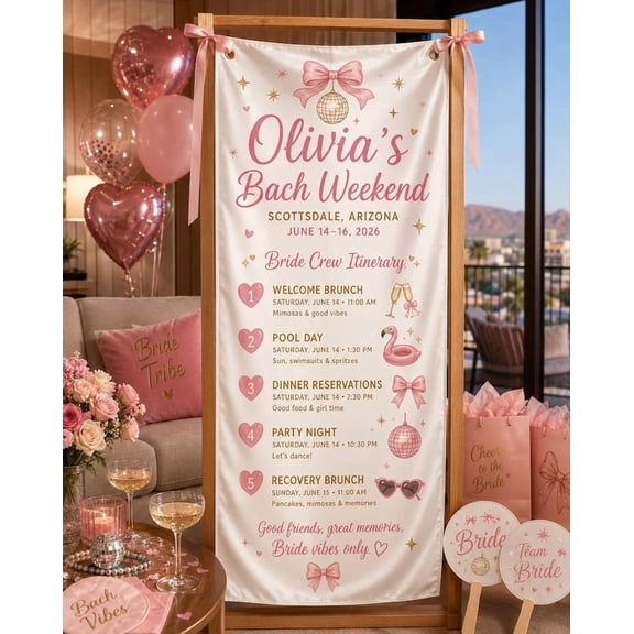 Bachelorette Weekend Satin Itinerary Banner, Custom Party Schedule Sign, Bride Crew Decor