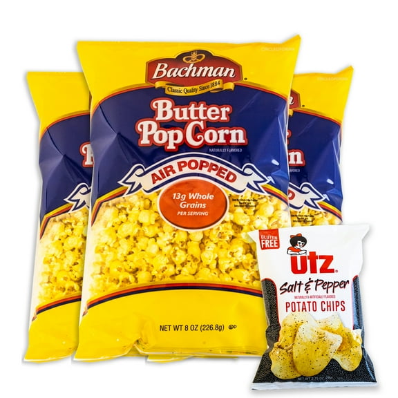Bachman Air Popped Butter Popcorn (3, 8oz bag) - Variety Pack - Utz Salt and Pepper Potato Chips (1, 2.75oz bag) - Gourmet Buttery Popcorn - 4 Bags Total