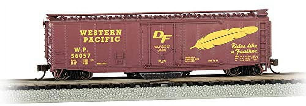 Bachmann 16367 N Scale Track Cleaning 50' Plug-Door Boxcar - Ready to Run -- Western Pacific #56057 (Boxcar Red, yellow; "Rides like a Feather" Slogan)
