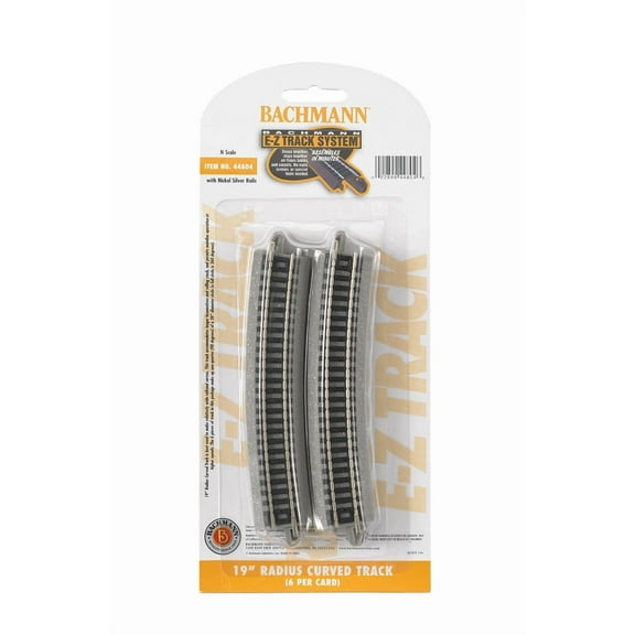 Bachmann Trains - Snap-Fit E-Z TRACK 19 RADIUS CURVED TRACK (6/card) - NICKEL SILVER Rail With Grey Roadbed - N Scale