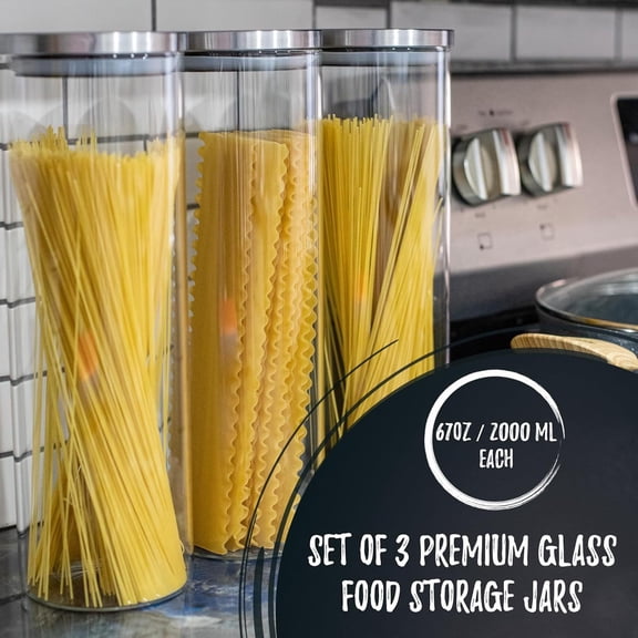 Bacimi Borosilicate 3mm thick Glass Storage Containers for Spaghetti, Pasta, Noodles, Linguini, Lasagna, Flour, Cereal, Coffee, Multi Purpose Food Jar, Canisters for Kitchen, Pantry 67oz Ea