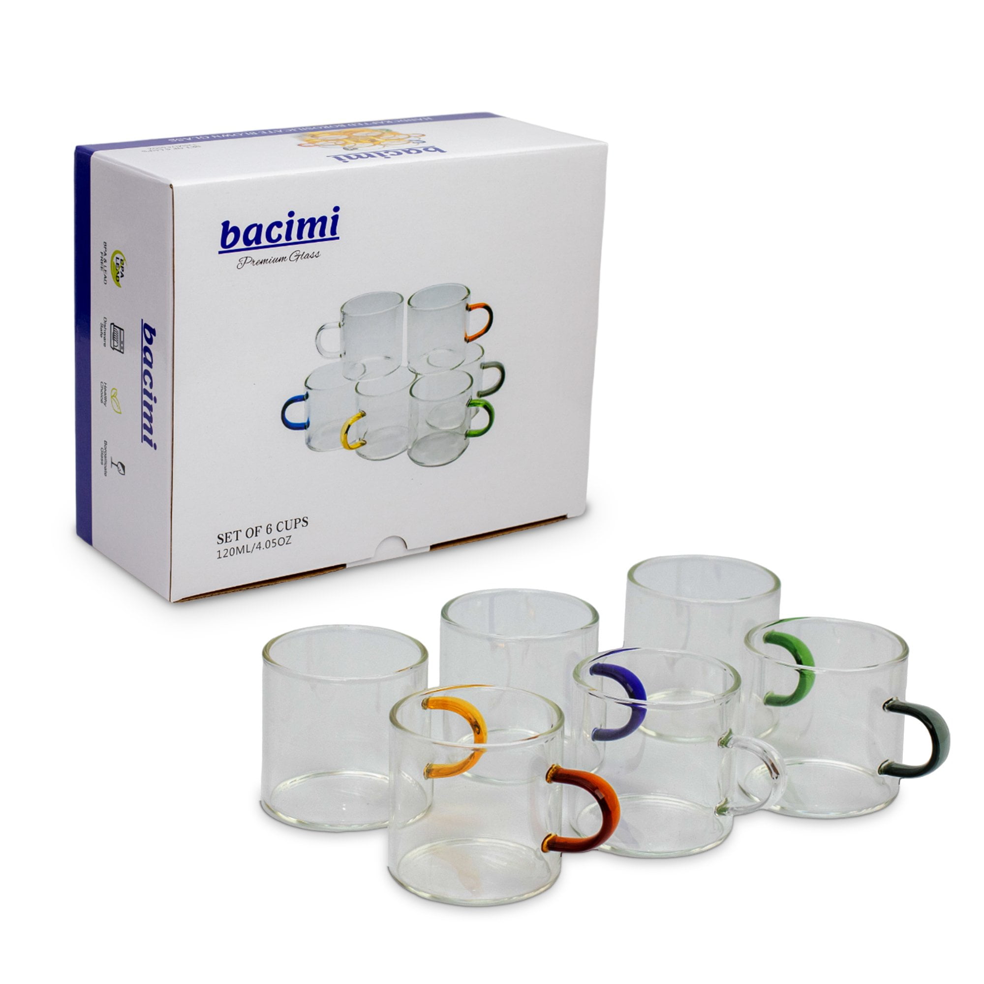 Set of 6 Clear Borosilicate Glass Espresso Cups with Colorful Handles