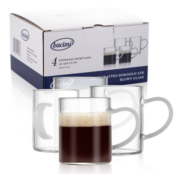 Bacimi Clear Demitasse Mini Espresso Cups with White Handles - Set of 4 / 3oz / 90 ML - Borosilicate Glass 3mm Thick for Espresso, Cappuccino, Latte & Hot Beverage -Dishwasher / Microwave Safe