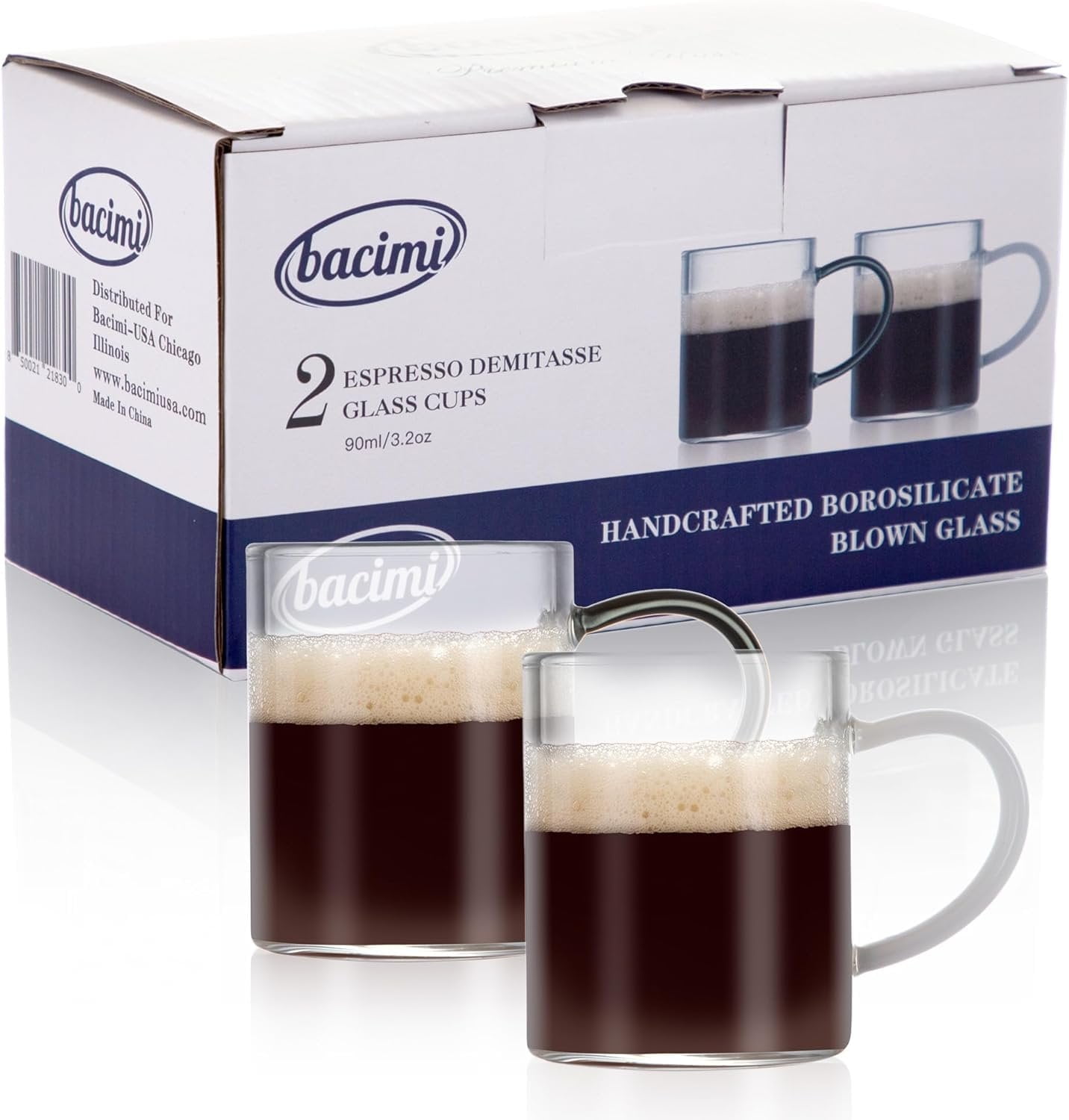 Clear Borosilicate Glass Espresso Cups with White Handles - Set of 2